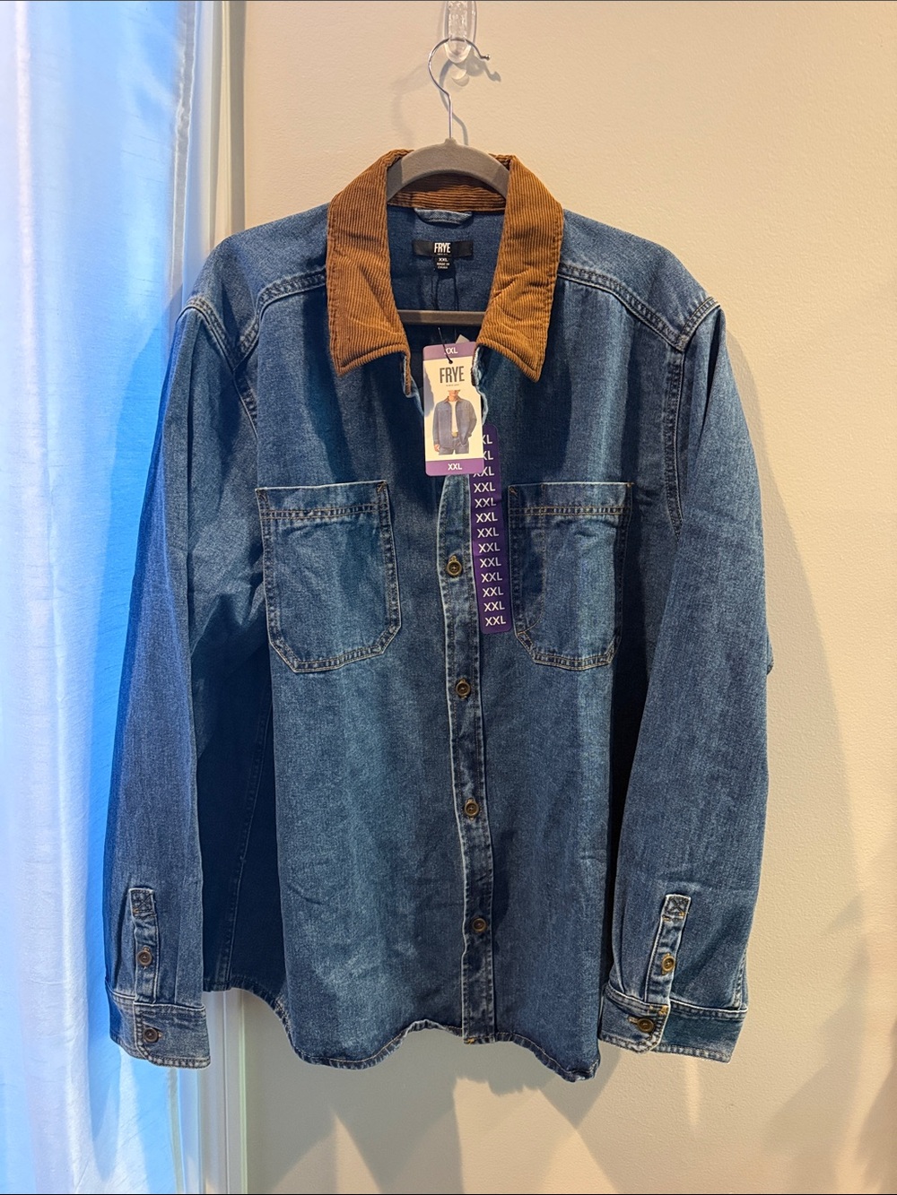 Frye Blue Denim Jacket with Brown Corduroy Collar Mens barn jacket xxl